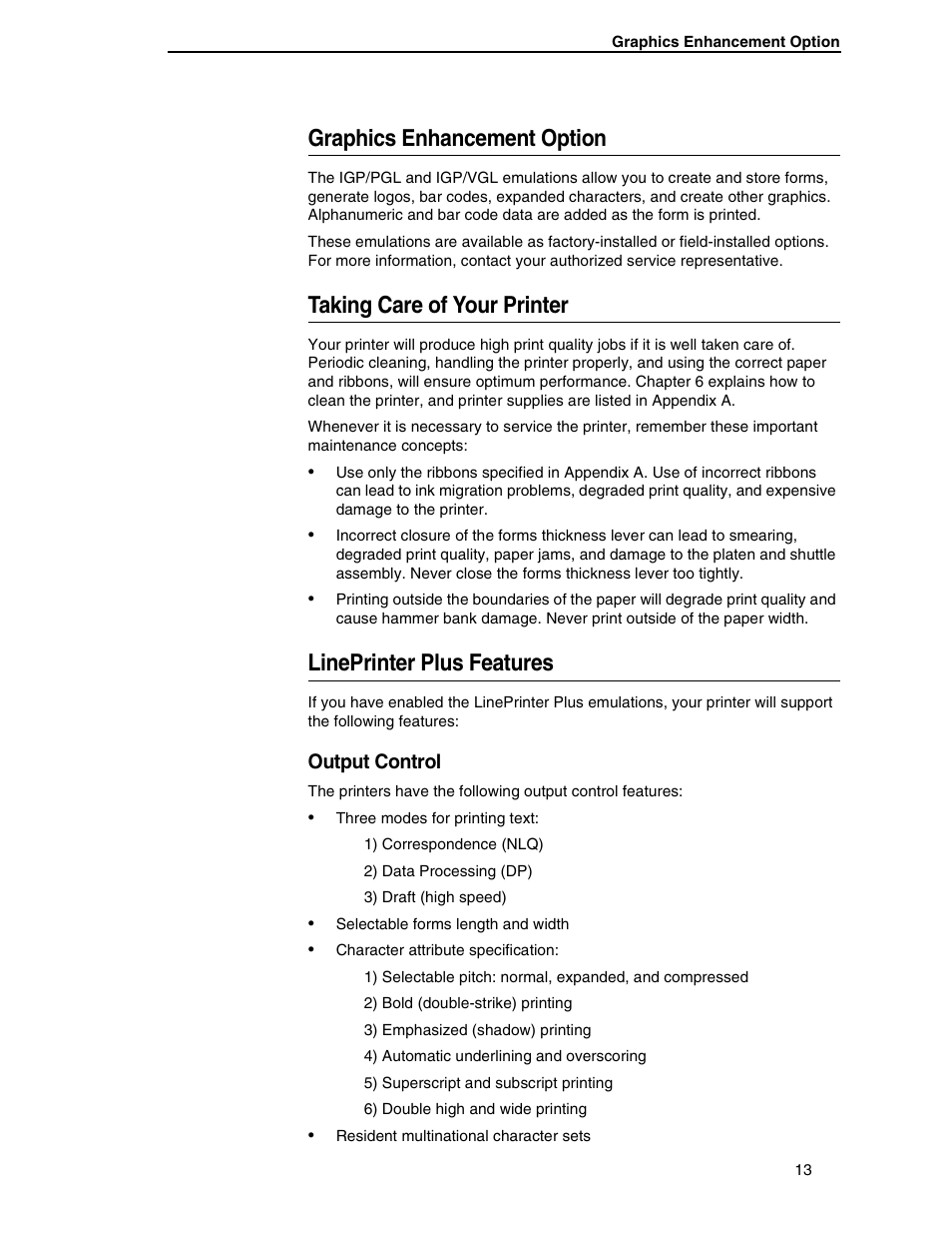 Graphics enhancement option, Taking care of your printer, Lineprinter plus features | Output control | Compaq P5000 Series User Manual | Page 13 / 186