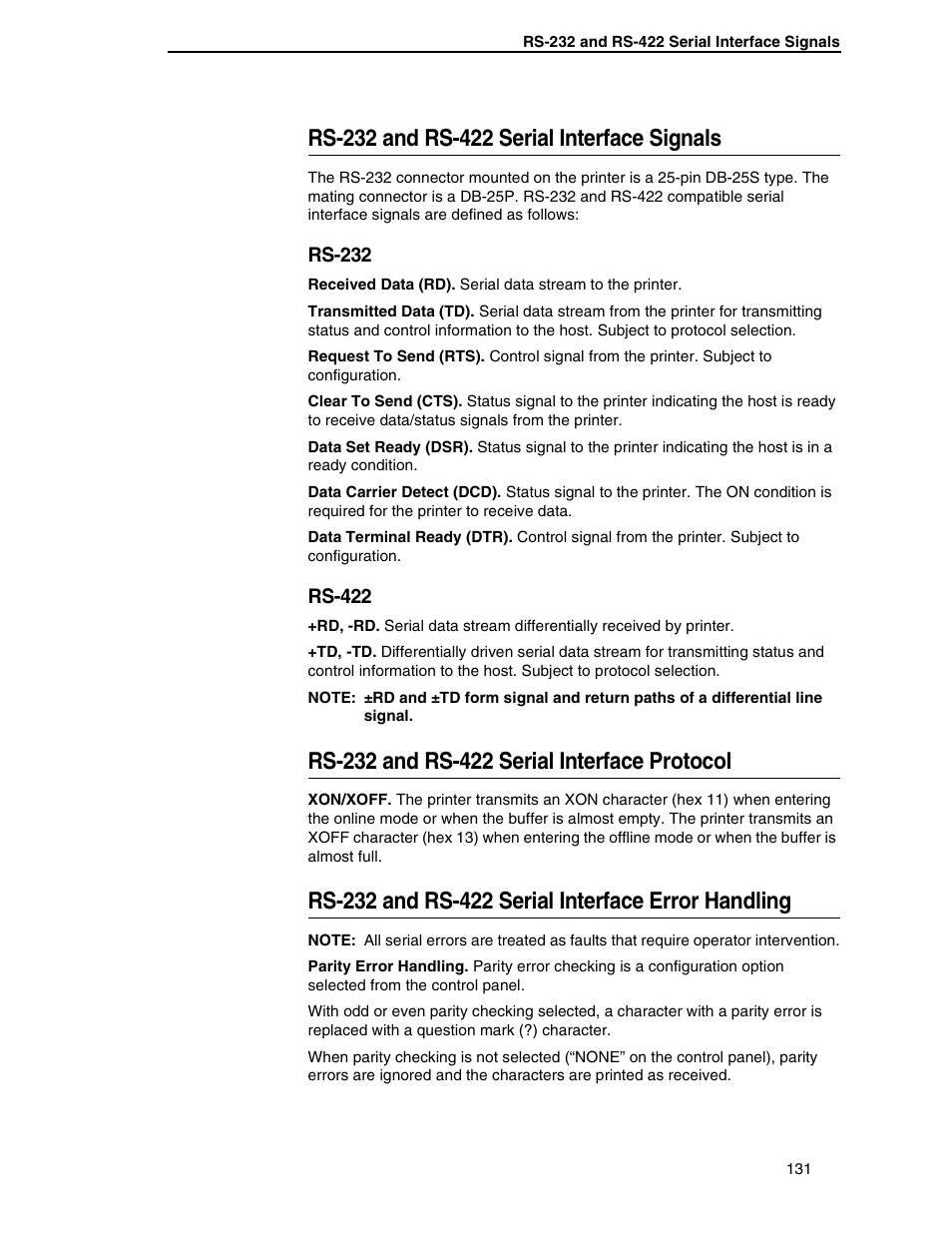 Rs-232 and rs-422 serial interface signals, Rs-232, Rs-422 | Rs-232 and rs-422 serial interface protocol, Rs-232 and rs-422 serial interface error handling | Compaq P5000 Series User Manual | Page 131 / 186