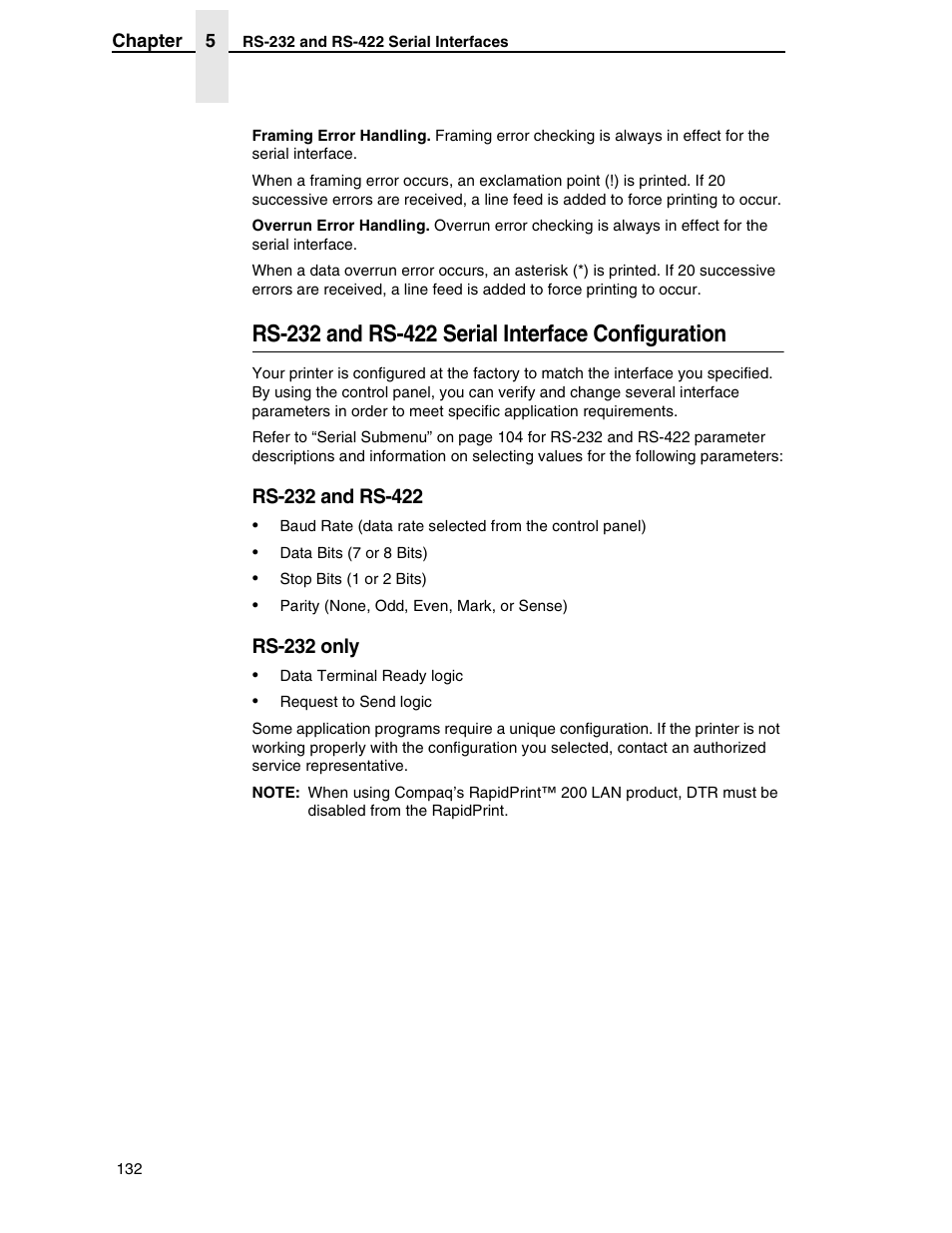 Rs-232 and rs-422 serial interface configuration, Rs-232 and rs-422, Rs-232 only | Compaq P5000 Series User Manual | Page 132 / 186