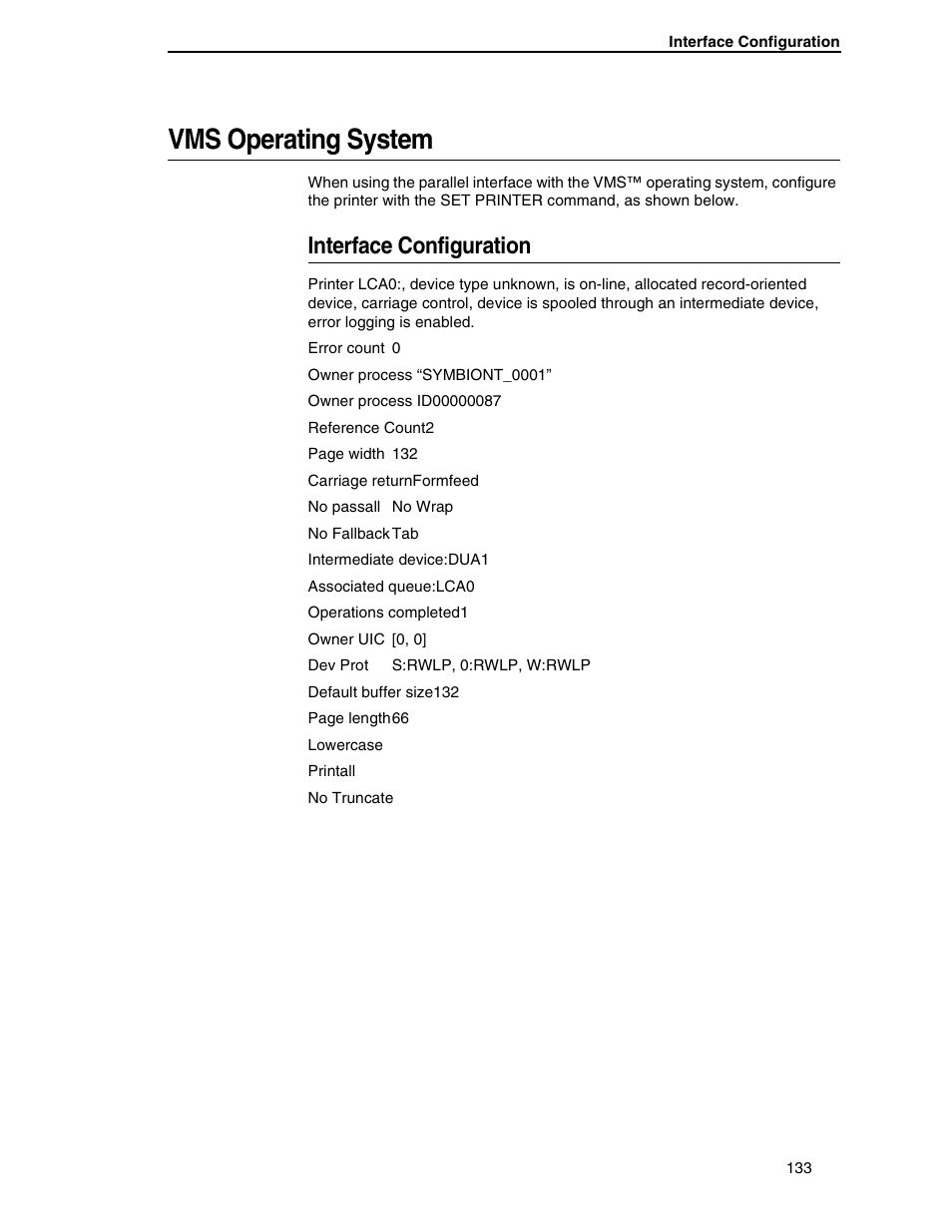 Vms operating system, Interface configuration | Compaq P5000 Series User Manual | Page 133 / 186