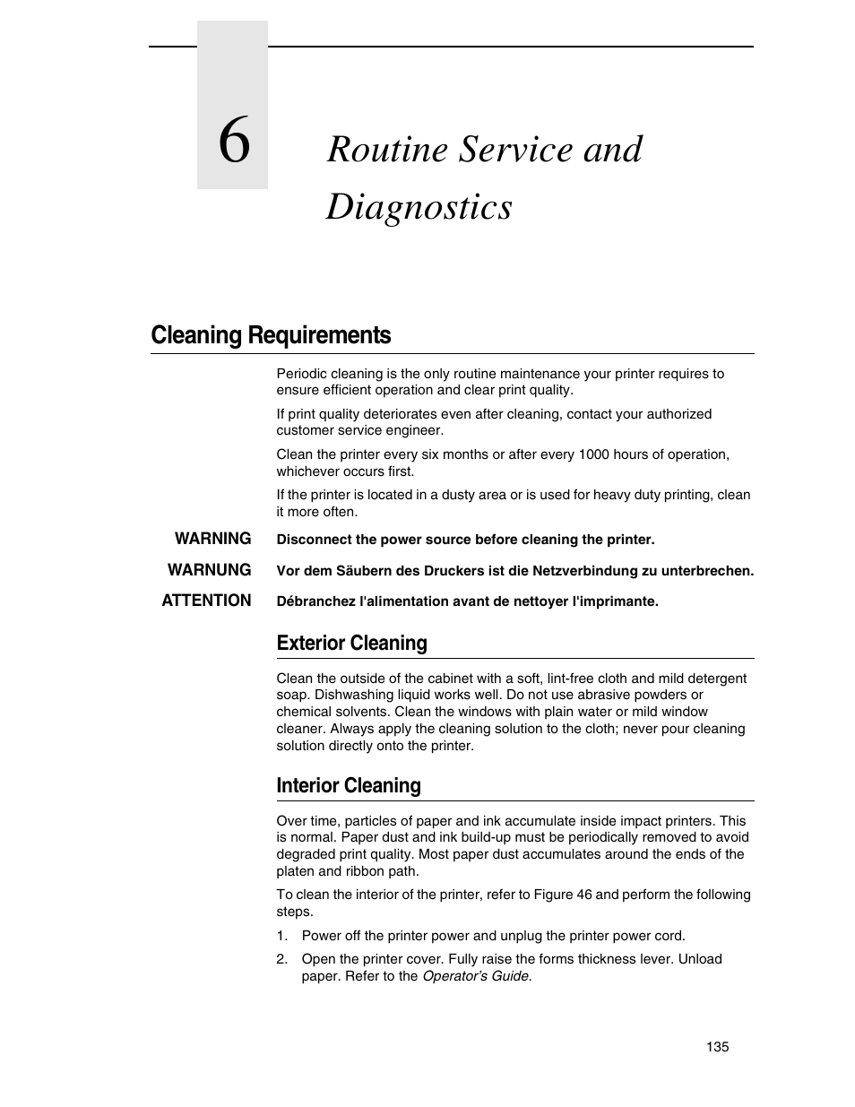 6 routine service and diagnostics, Cleaning requirements, Exterior cleaning | Interior cleaning, Routine service and diagnostics | Compaq P5000 Series User Manual | Page 135 / 186