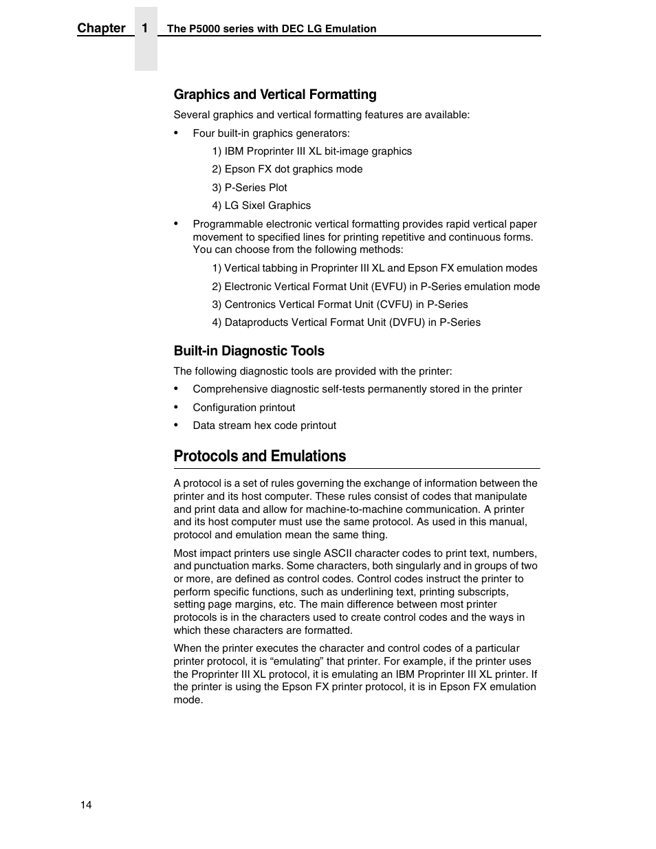 Graphics and vertical formatting, Built-in diagnostic tools, Protocols and emulations | Compaq P5000 Series User Manual | Page 14 / 186