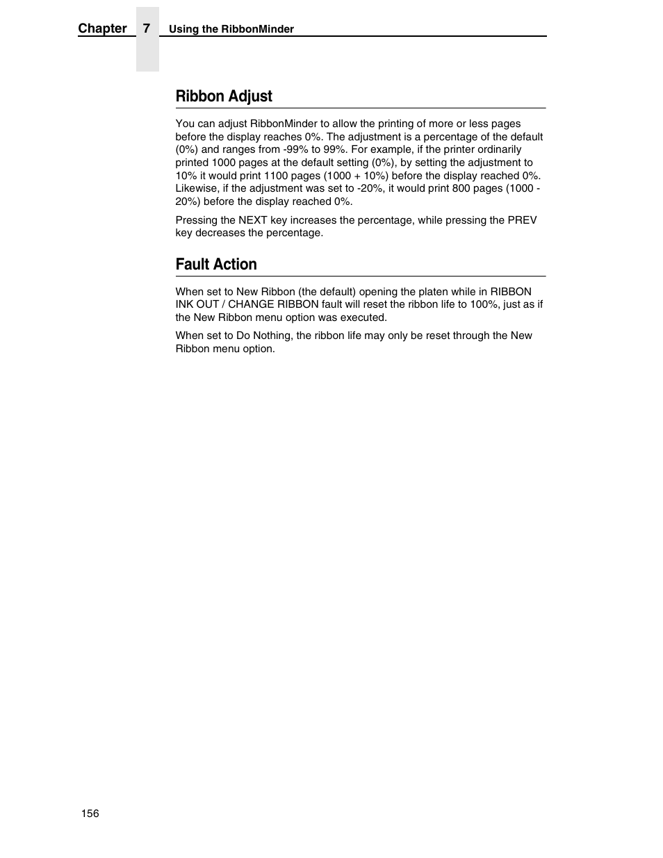 Ribbon adjust, Fault action | Compaq P5000 Series User Manual | Page 156 / 186