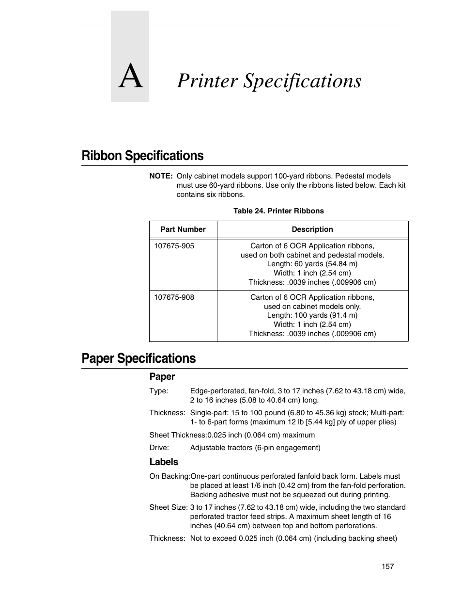 A printer specifications, Ribbon specifications, Paper specifications | Paper, Labels, Printer specifications | Compaq P5000 Series User Manual | Page 157 / 186