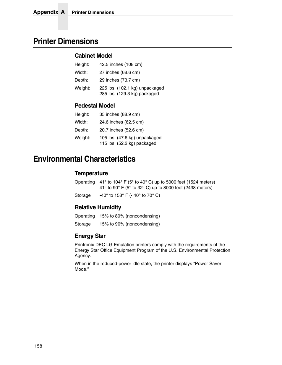 Printer dimensions, Cabinet model, Pedestal model | Environmental characteristics, Temperature, Relative humidity, Energy star | Compaq P5000 Series User Manual | Page 158 / 186