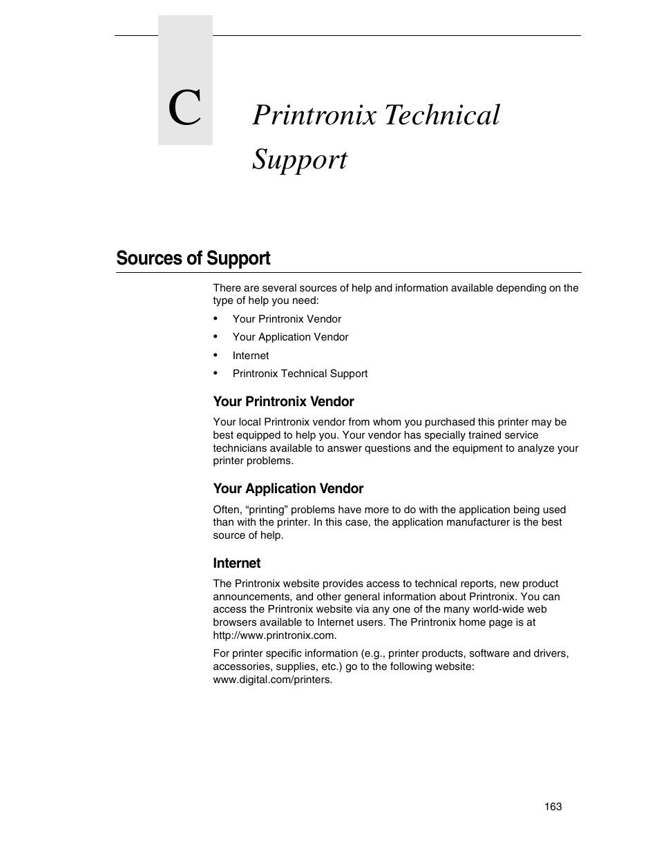 C printronix technical support, Sources of support, Your printronix vendor | Your application vendor, Internet, Printronix technical support | Compaq P5000 Series User Manual | Page 163 / 186