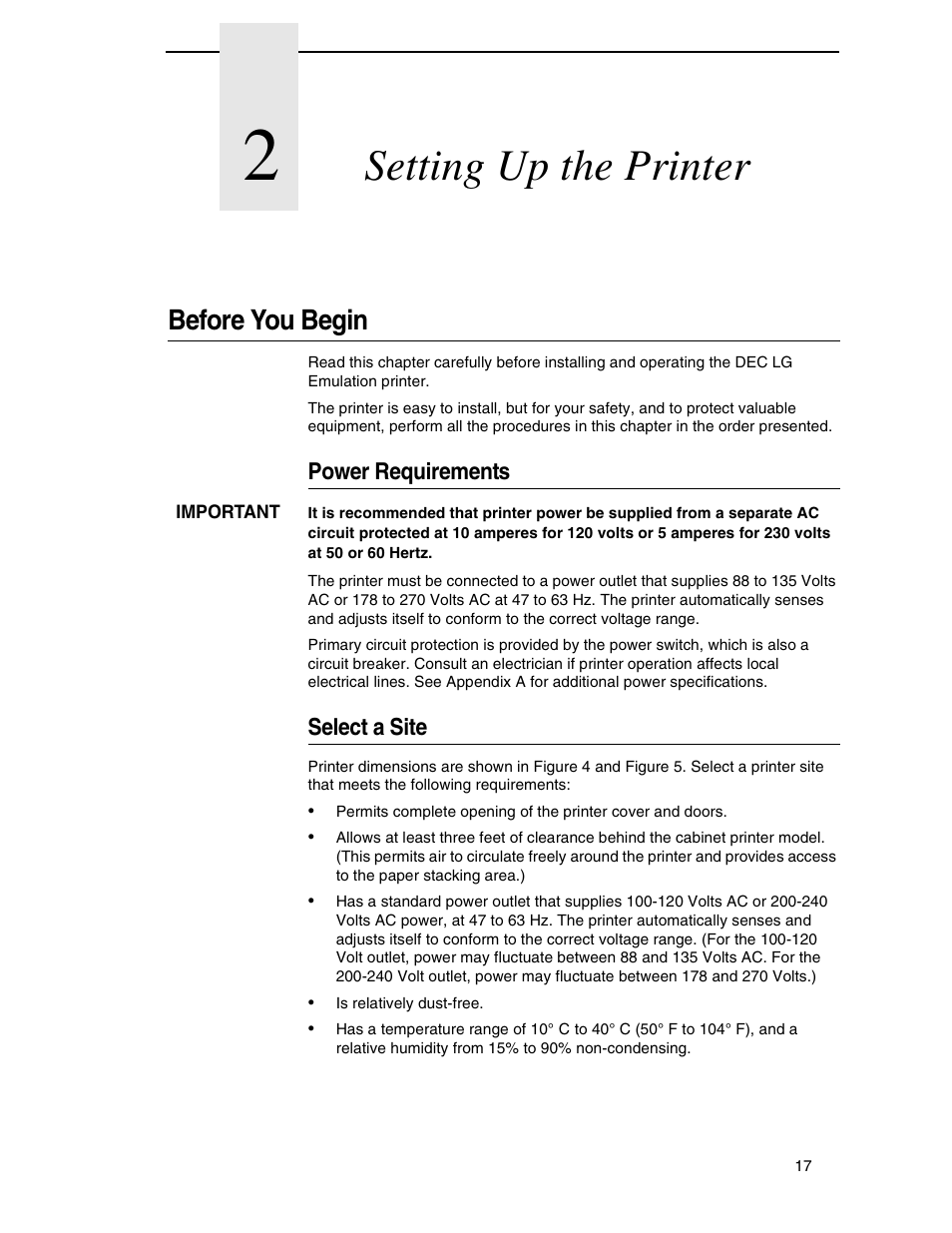 2 setting up the printer, Before you begin, Power requirements | Select a site, Setting up the printer | Compaq P5000 Series User Manual | Page 17 / 186