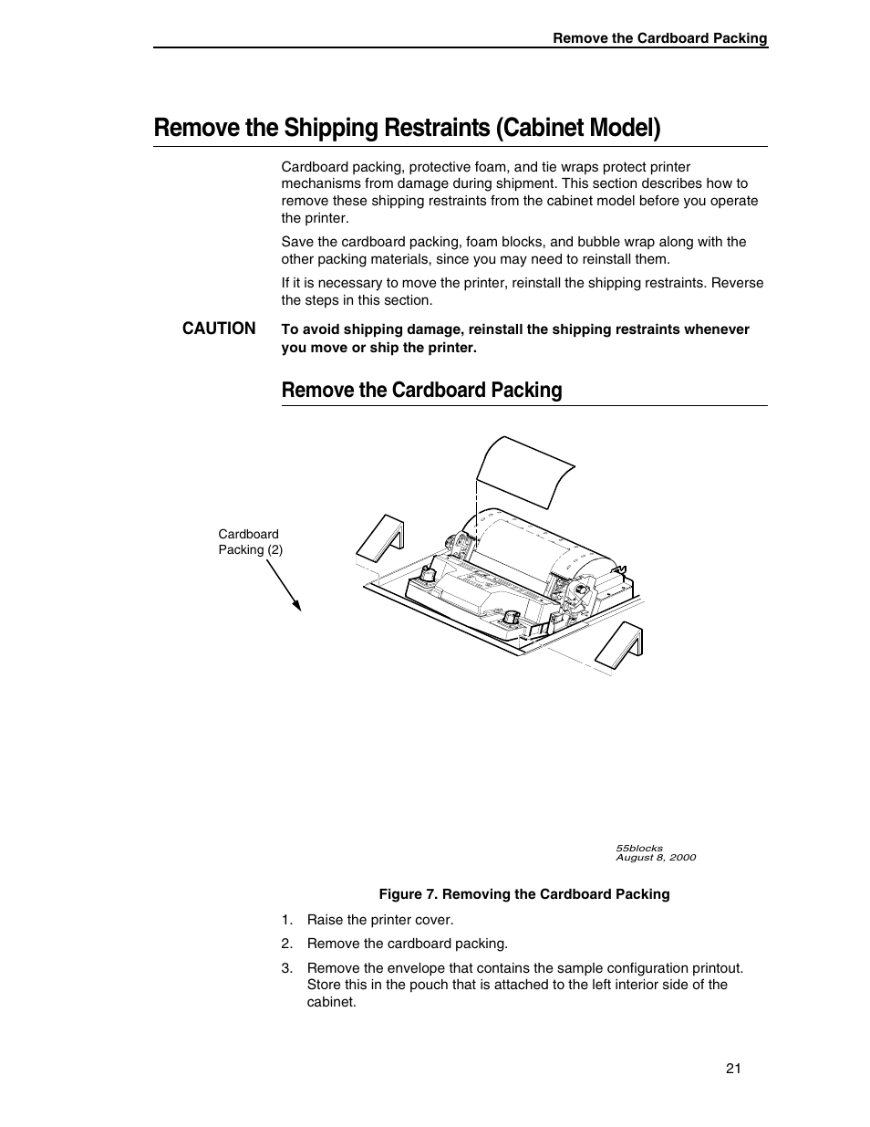 Remove the shipping restraints (cabinet model), Remove the cardboard packing | Compaq P5000 Series User Manual | Page 21 / 186