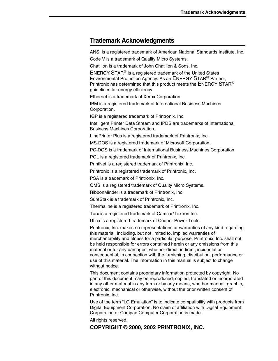 Trademark acknowledgments, Copyright © 2000, 2002 printronix, inc | Compaq P5000 Series User Manual | Page 4 / 186