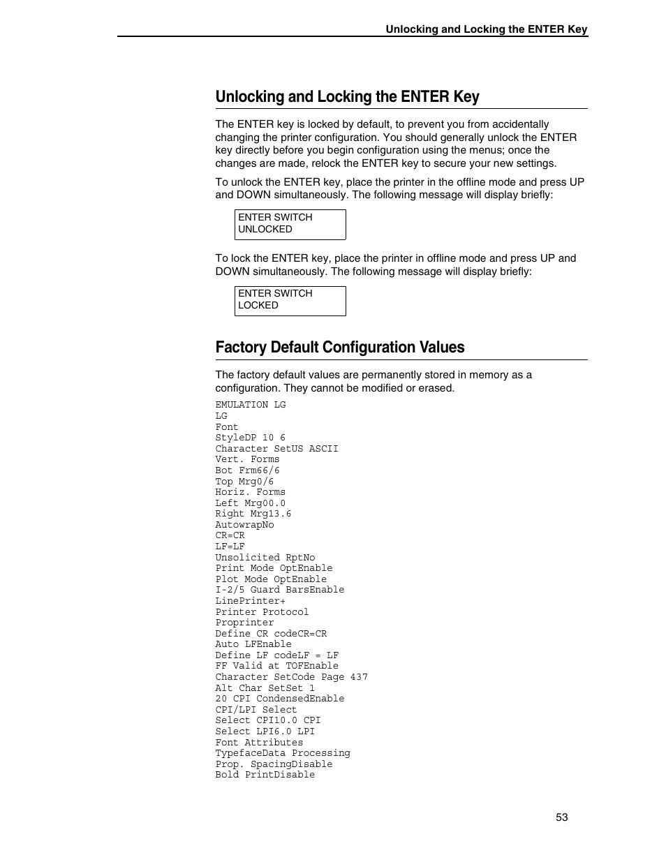 Unlocking and locking the enter key, Factory default configuration values | Compaq P5000 Series User Manual | Page 53 / 186