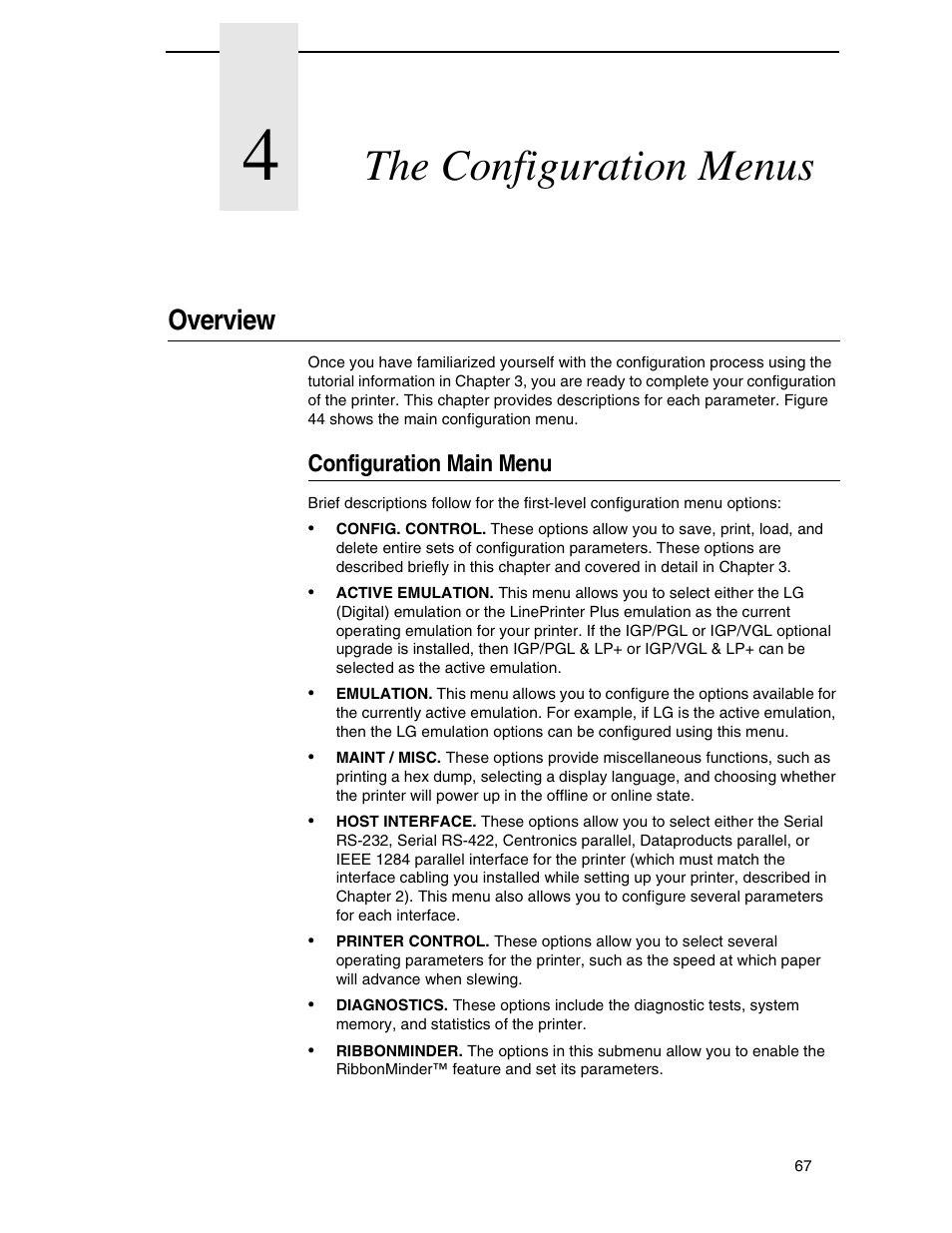 4 the configuration menus, Overview, Configuration main menu | The configuration menus | Compaq P5000 Series User Manual | Page 67 / 186