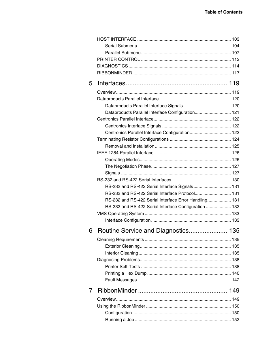 5 interfaces, 6 routine service and diagnostics, 7 ribbonminder | Compaq P5000 Series User Manual | Page 7 / 186