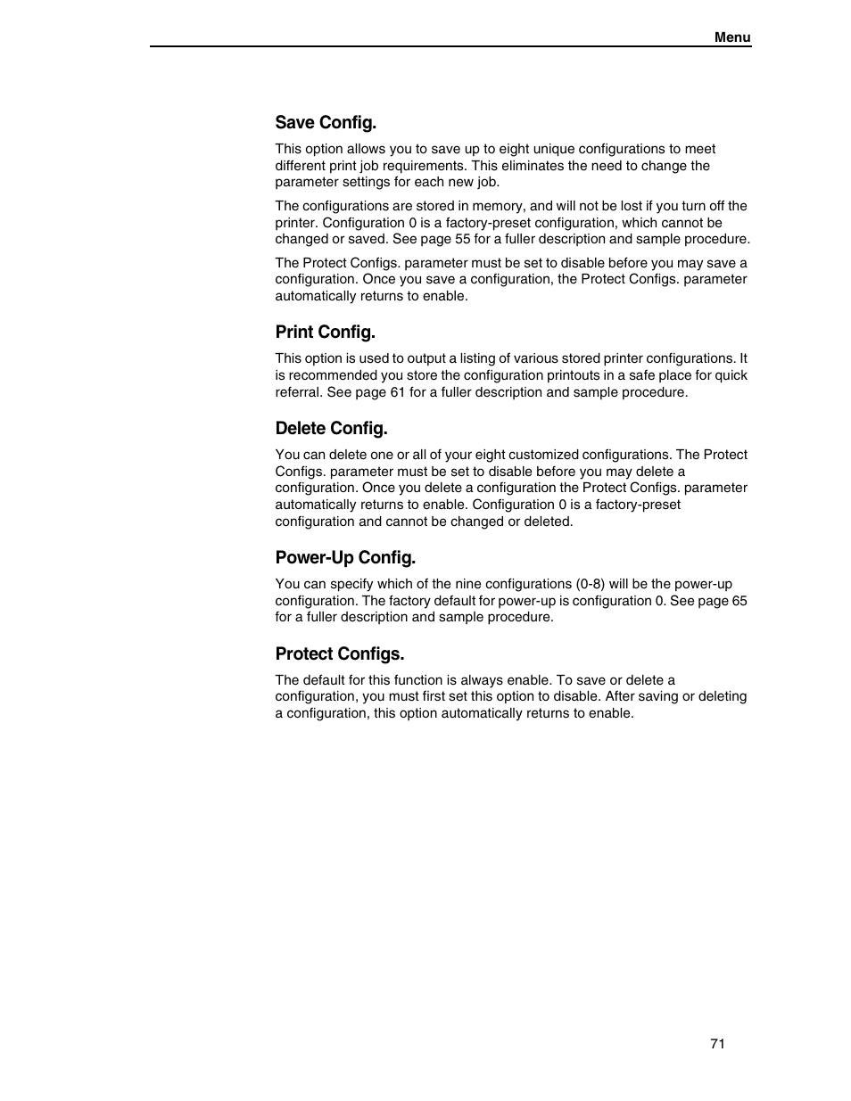 Save config, Print config, Delete config | Power-up config, Protect configs | Compaq P5000 Series User Manual | Page 71 / 186