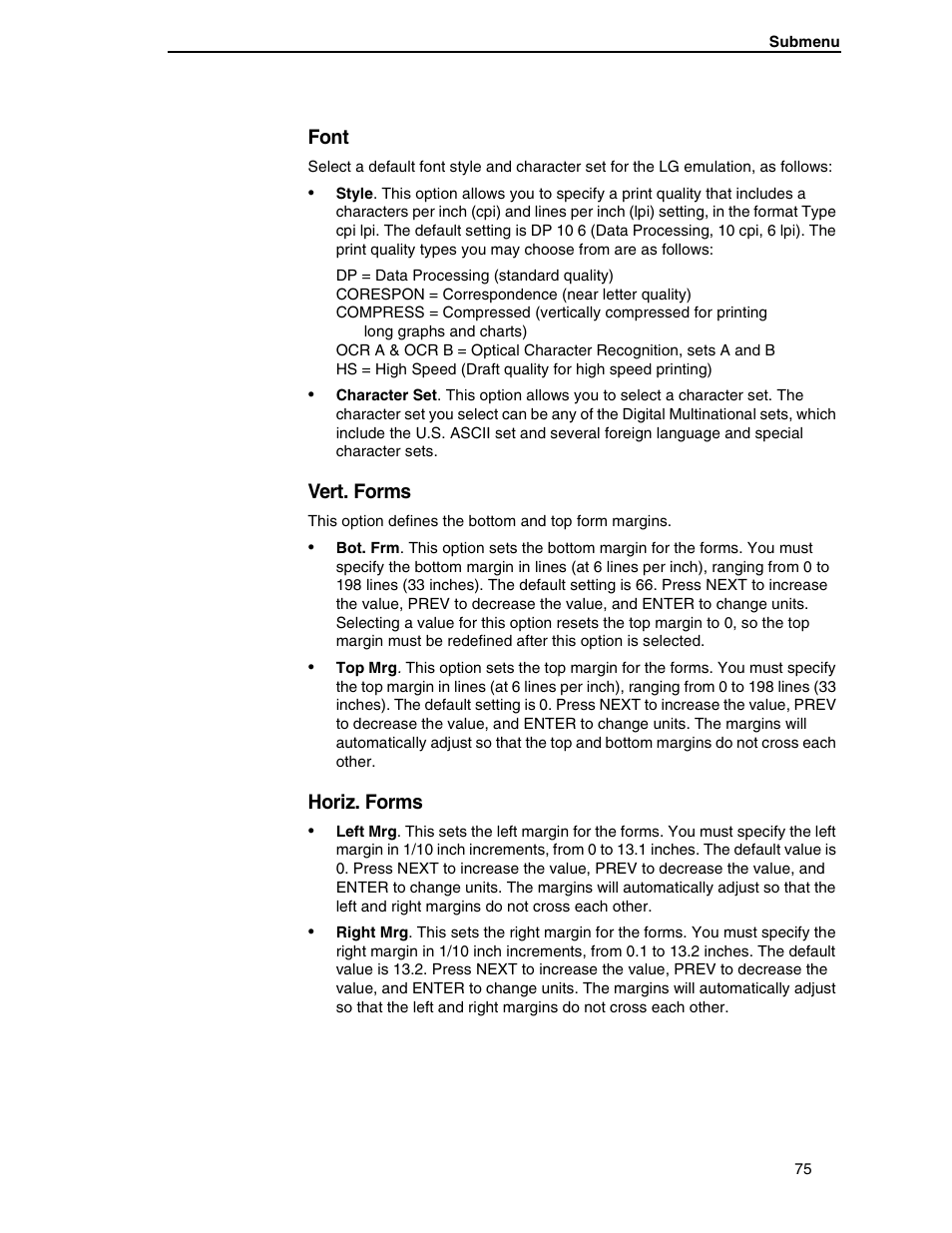 Font, Vert. forms, Horiz. forms | Compaq P5000 Series User Manual | Page 75 / 186