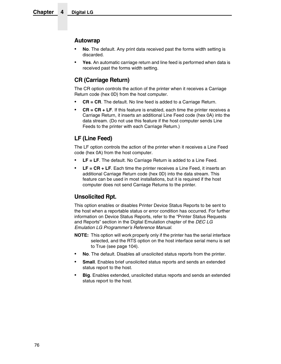 Autowrap, Cr (carriage return), Lf (line feed) | Unsolicited rpt | Compaq P5000 Series User Manual | Page 76 / 186