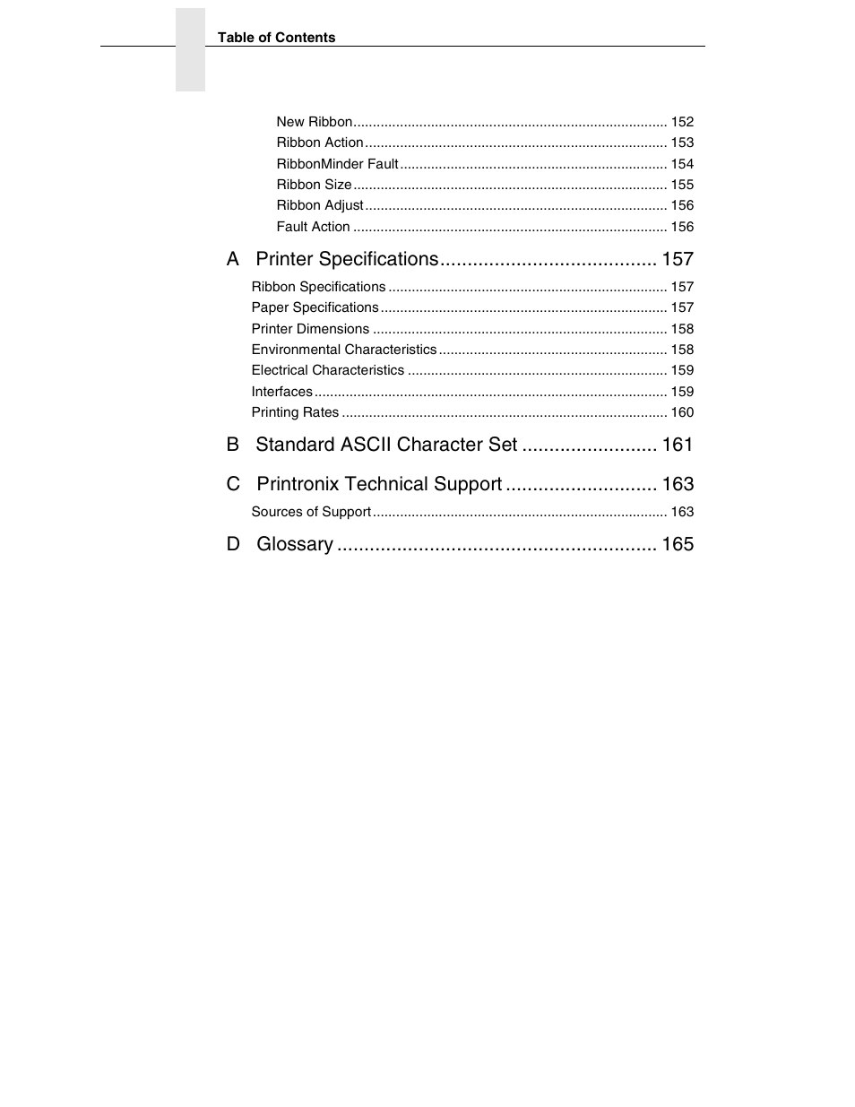 A printer specifications, D glossary | Compaq P5000 Series User Manual | Page 8 / 186