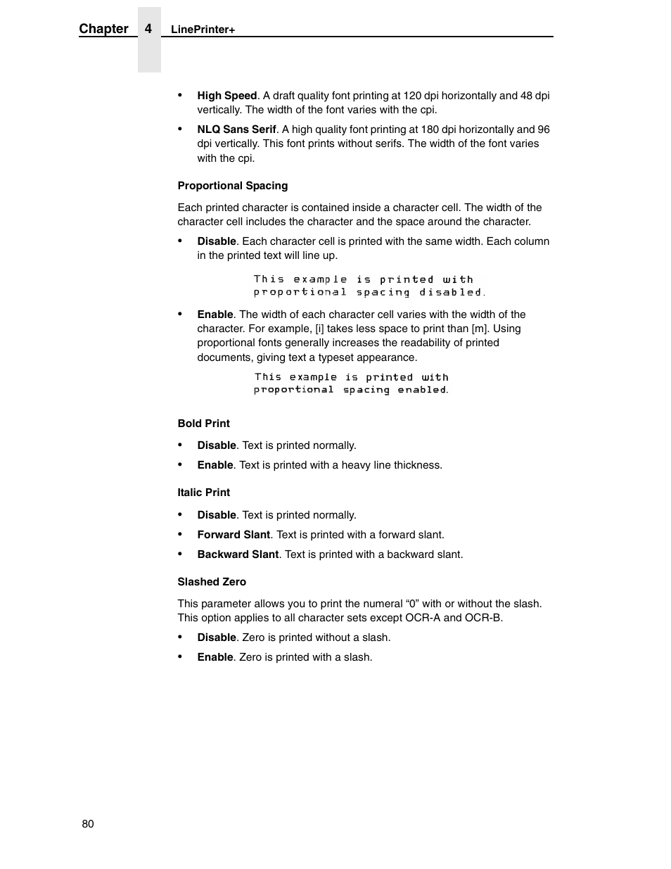 Proportional spacing, Bold print, Italic print | Slashed zero | Compaq P5000 Series User Manual | Page 80 / 186