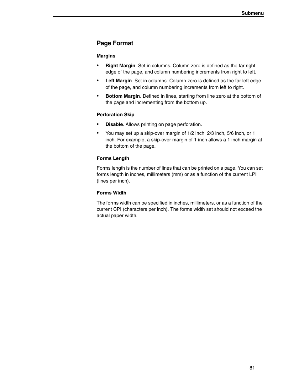 Margins, Perforation skip, Forms length | Forms width, Page format | Compaq P5000 Series User Manual | Page 81 / 186