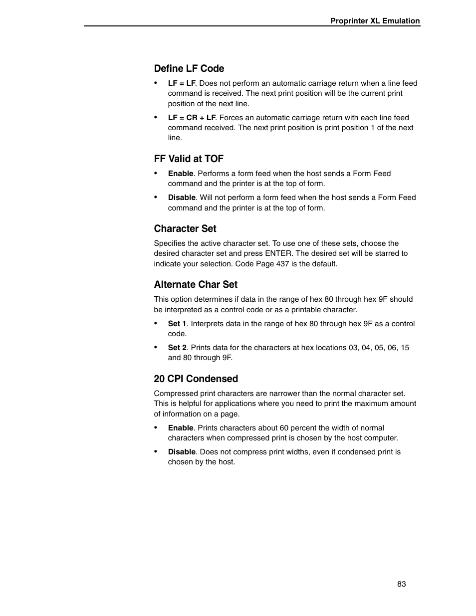 Define lf code, Ff valid at tof, Character set | Alternate char set, 20 cpi condensed | Compaq P5000 Series User Manual | Page 83 / 186