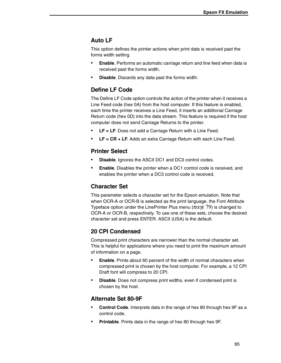 Auto lf, Define lf code, Printer select | Character set, 20 cpi condensed, Alternate set 80-9f | Compaq P5000 Series User Manual | Page 85 / 186