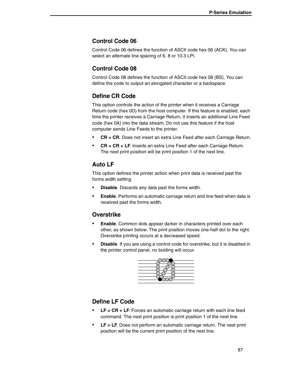 Control code 06, Control code 08, Define cr code | Auto lf, Overstrike, Define lf code | Compaq P5000 Series User Manual | Page 87 / 186
