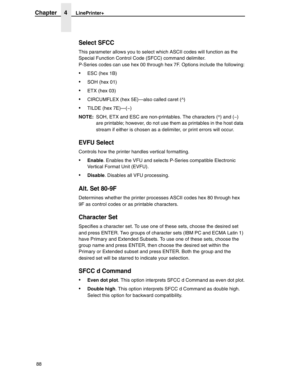 Select sfcc, Evfu select, Alt. set 80-9f | Character set, Sfcc d command | Compaq P5000 Series User Manual | Page 88 / 186