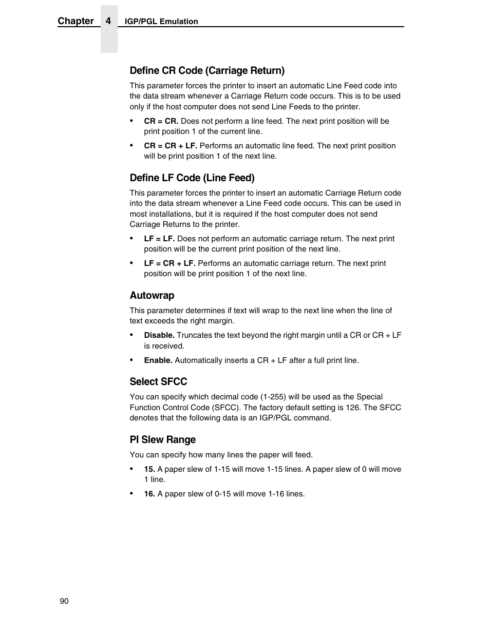 Define cr code (carriage return), Define lf code (line feed), Autowrap | Select sfcc, Pi slew range | Compaq P5000 Series User Manual | Page 90 / 186