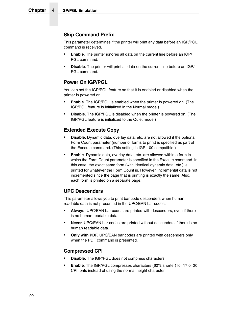 Skip command prefix, Power on igp/pgl, Extended execute copy | Upc descenders, Compressed cpi | Compaq P5000 Series User Manual | Page 92 / 186