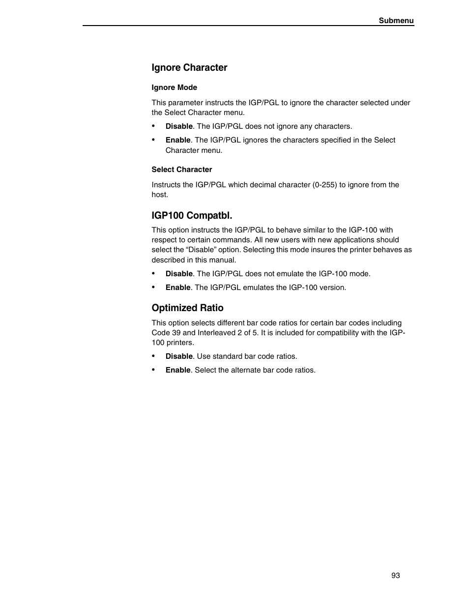 Ignore character, Ignore mode, Select character | Igp100 compatbl, Optimized ratio | Compaq P5000 Series User Manual | Page 93 / 186