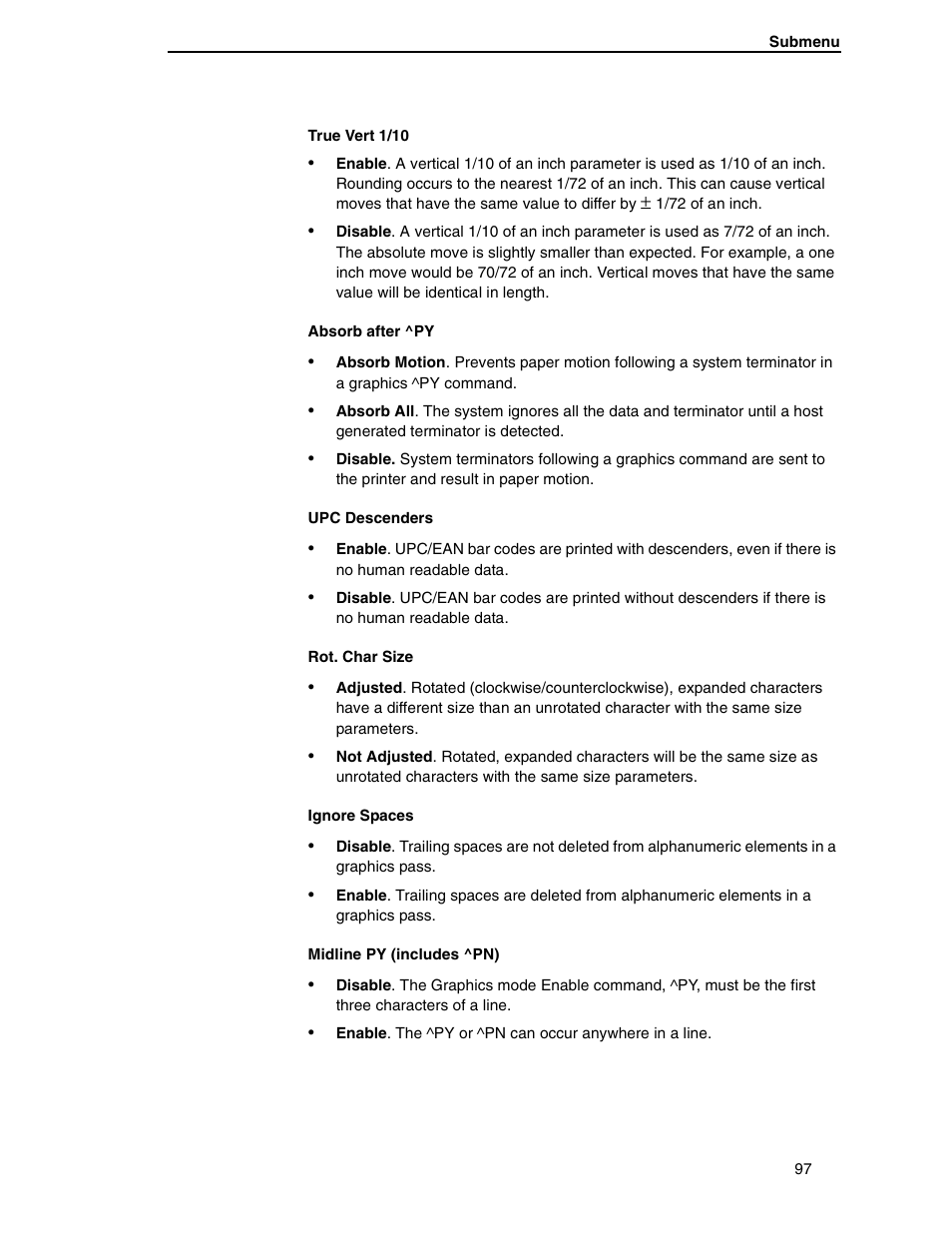 Absorb after ^py, Upc descenders, Rot. char size | Ignore spaces, Midline py (includes ^pn) | Compaq P5000 Series User Manual | Page 97 / 186