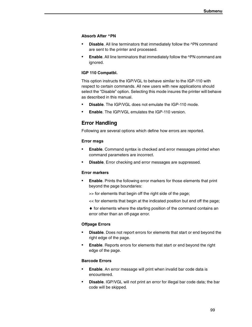 Absorb after ^pn, Igp 110 compatbl, Error handling | Error msgs, Error markers, Barcode errors | Compaq P5000 Series User Manual | Page 99 / 186