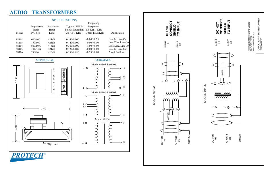 Protech, Audio transformers, Specifications | Protech Audio 98102 User Manual | Page 2 / 2