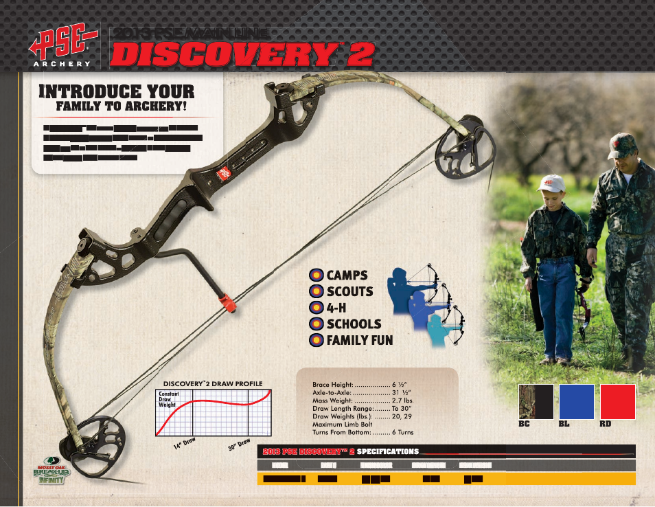 Discovery, Introduce your, 2013 pse main line | Camps scouts 4-h schools family fun, Family to archery | PSE Archery Mainline Bows 2013 User Manual | Page 13 / 13