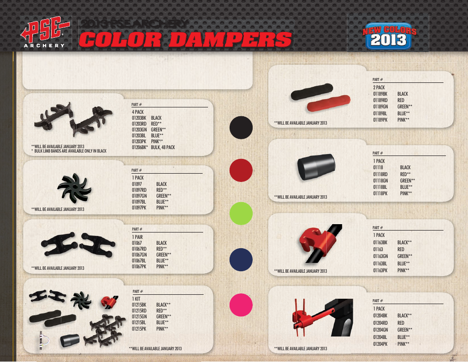 Color dampers, 2013 pse archery | PSE Archery Pro Series Bows 2013 User Manual | Page 3 / 19