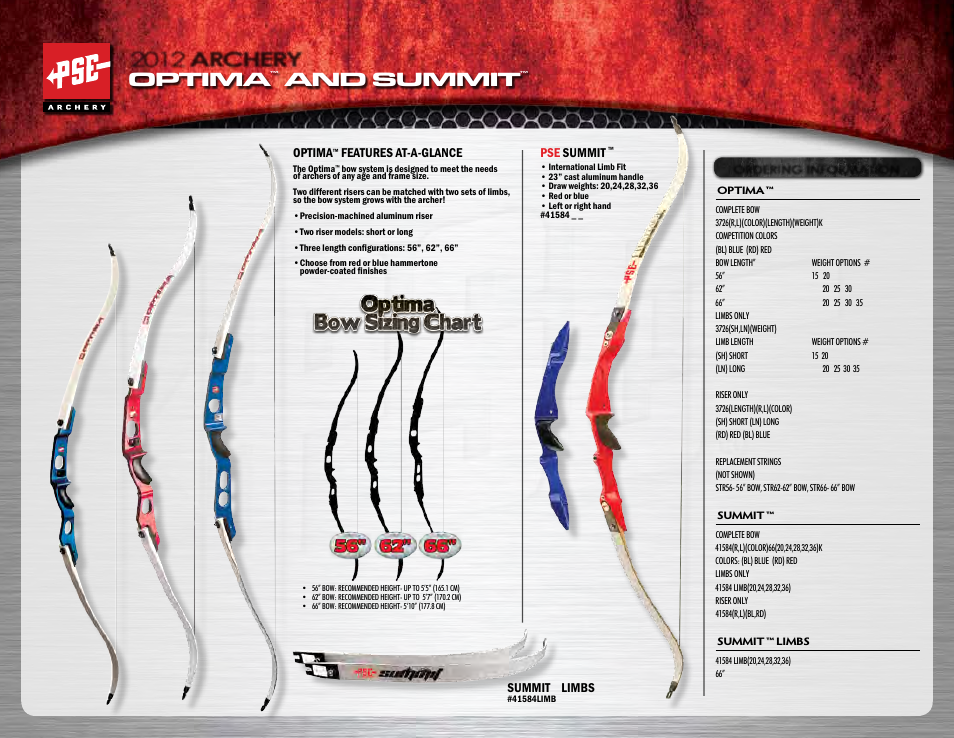 2012 archery optima, And summit, Optima | Features at-a-glance, Pse summit, Summit, Limbs | PSE Archery Heritage Series Bows 2012 User Manual | Page 2 / 7