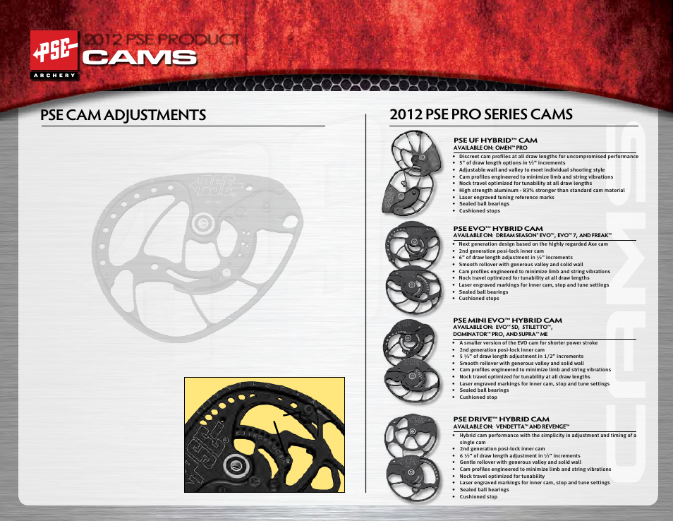 Cams, Pse cam adjustments, 2012 pse pro series cams | 2012 pse product | PSE Archery Pro Series Bows 2012 User Manual | Page 2 / 14