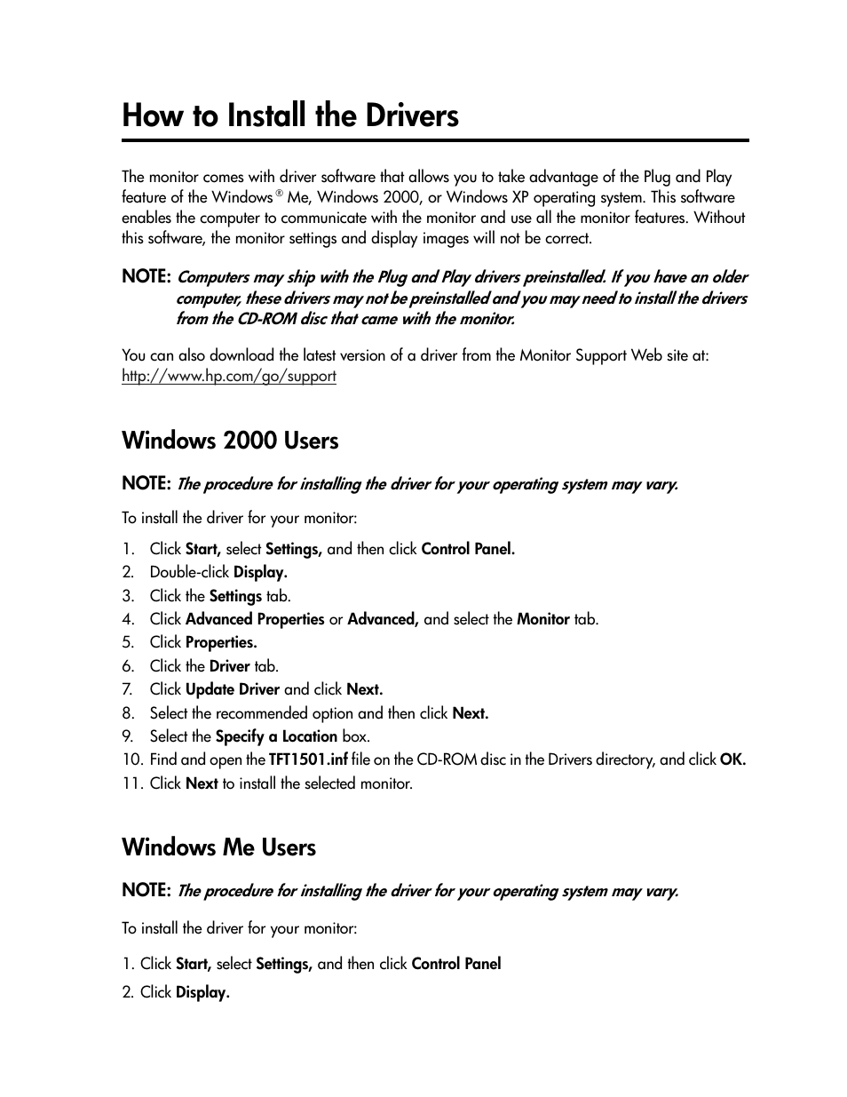 How to install the drivers, Windows 2000 users, Windows me users | Compaq TFT 1501 User Manual | Page 10 / 38