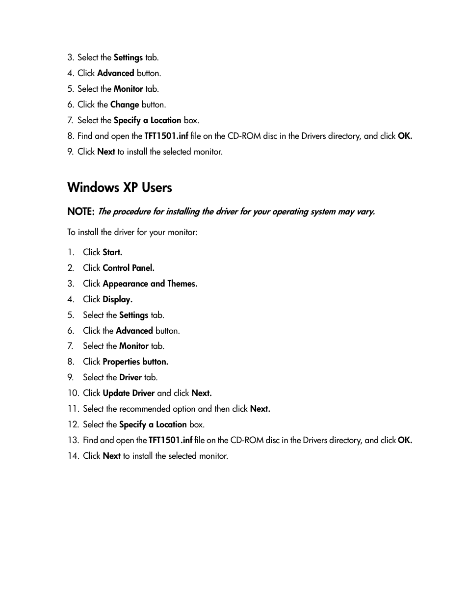 Windows xp users | Compaq TFT 1501 User Manual | Page 11 / 38
