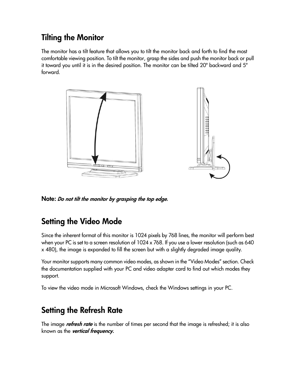Tilting the monitor, Setting the video mode, Setting the refresh rate | Compaq TFT 1501 User Manual | Page 13 / 38
