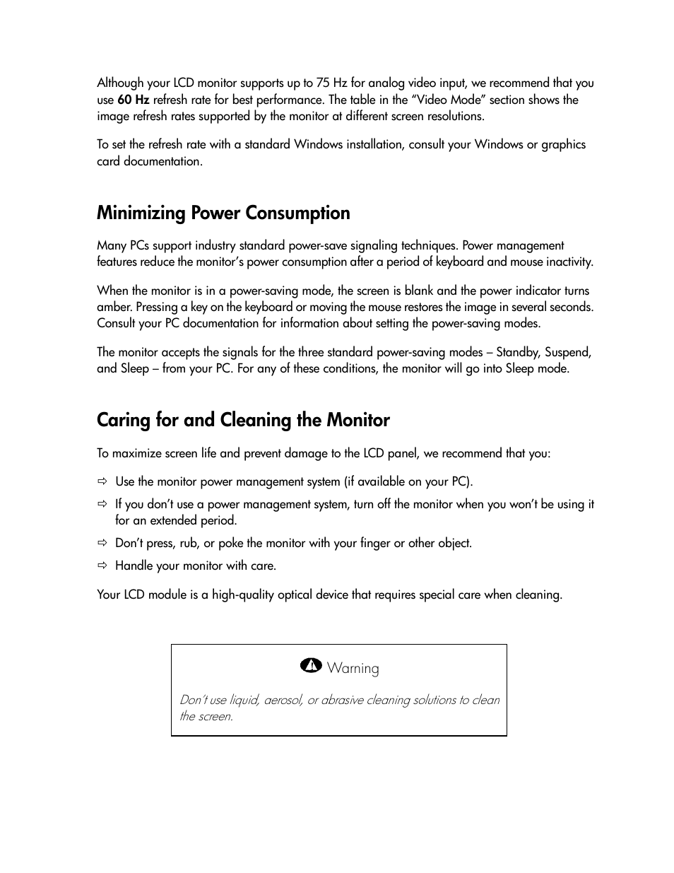 Minimizing power consumption, Caring for and cleaning the monitor | Compaq TFT 1501 User Manual | Page 14 / 38