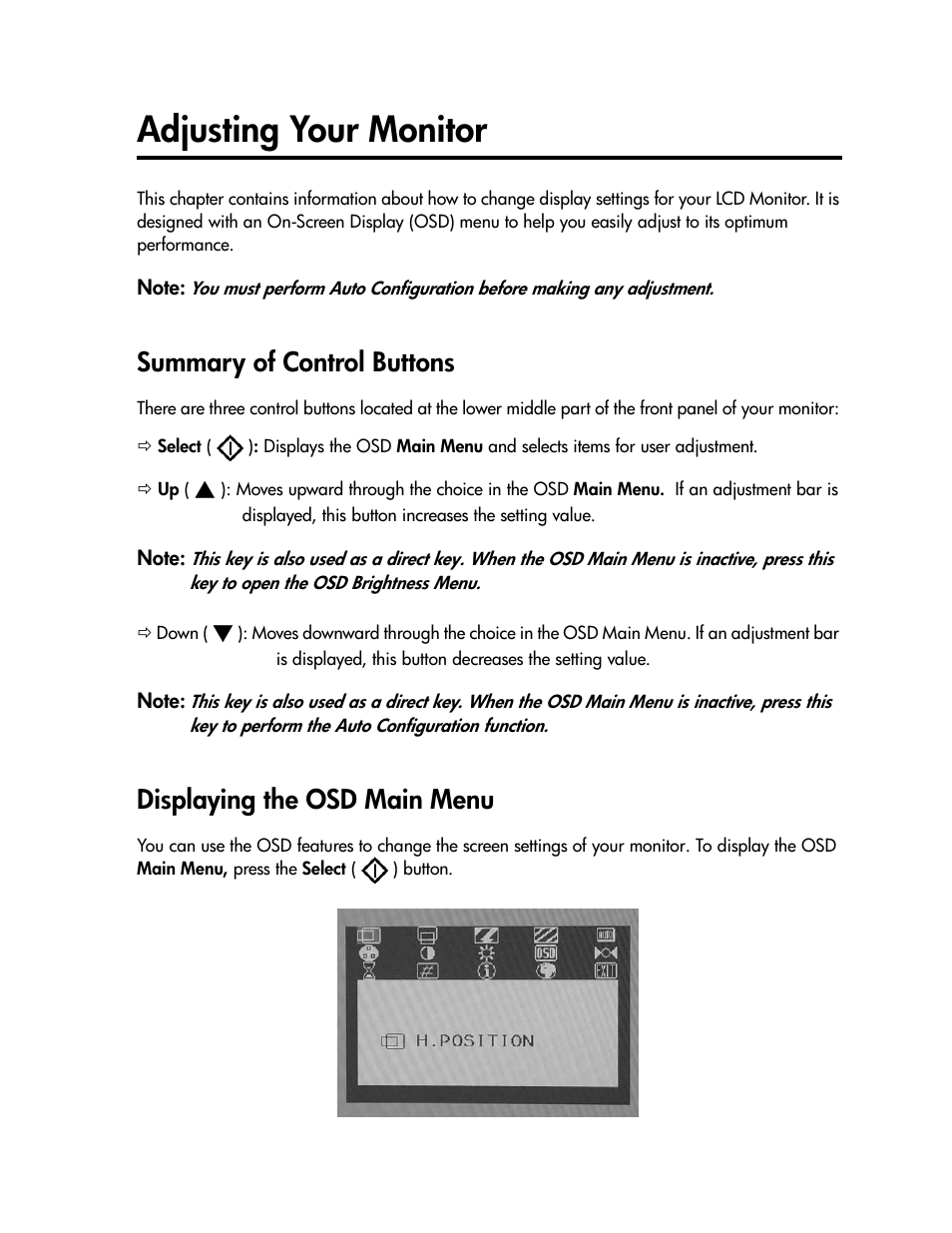 Adjusting your monitor, Summary of control buttons, Displaying the osd main menu | Compaq TFT 1501 User Manual | Page 16 / 38