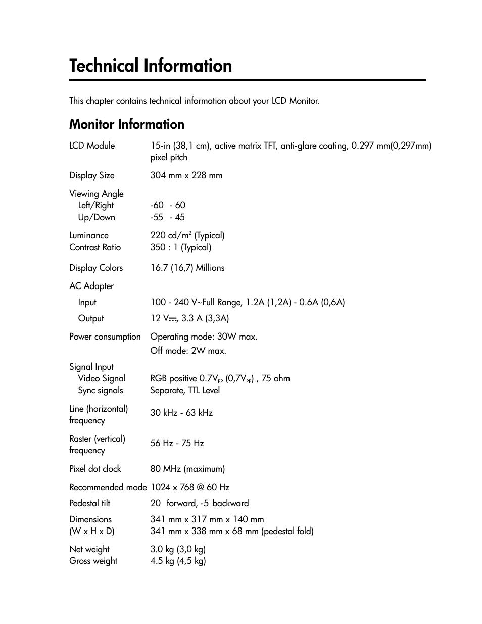 Technical information, Monitor information | Compaq TFT 1501 User Manual | Page 29 / 38