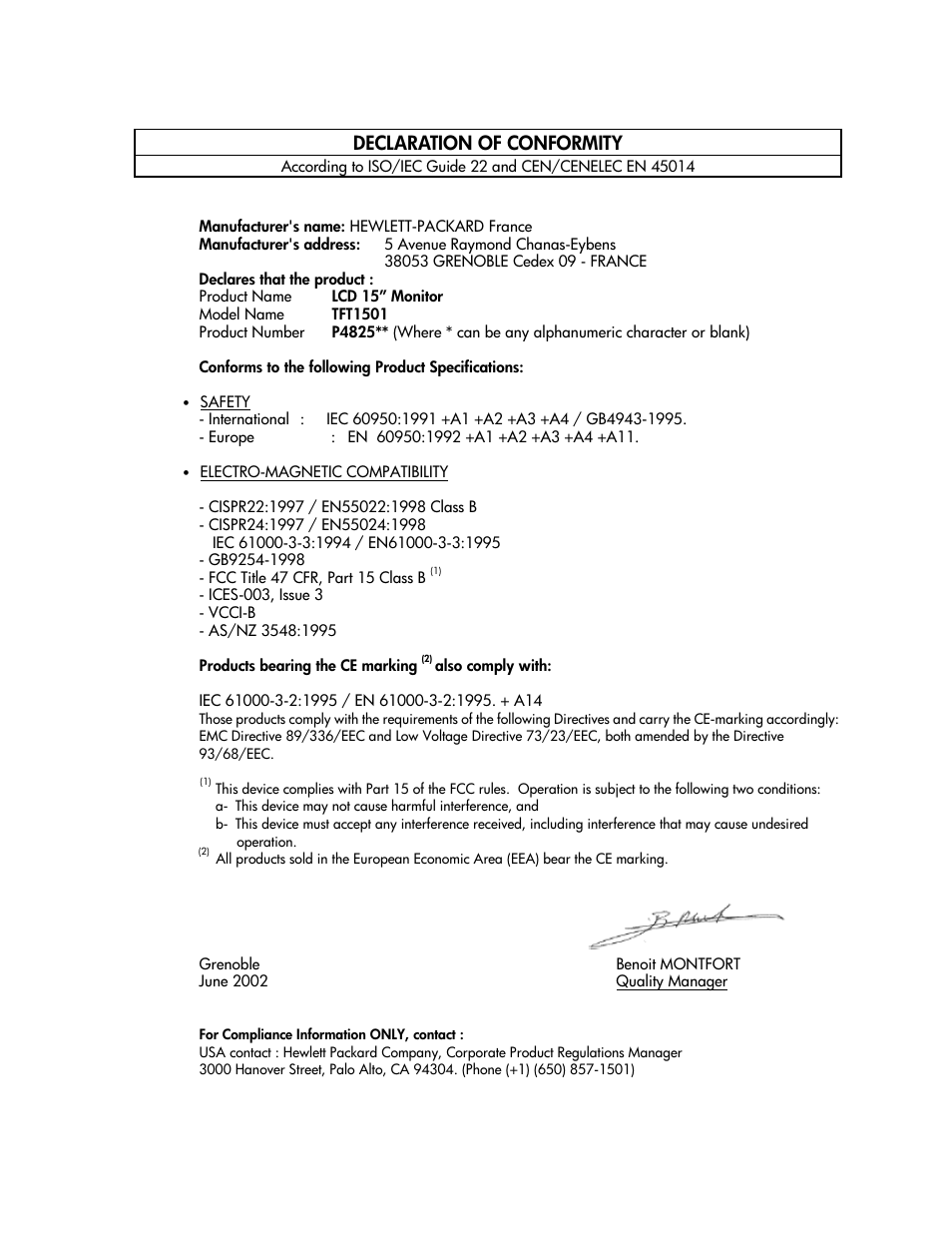 Declaration of conformity | Compaq TFT 1501 User Manual | Page 32 / 38