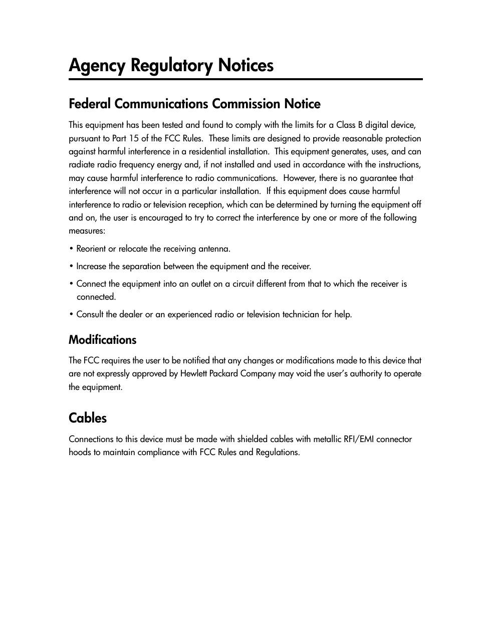 Agency regulatory notices, Federal communications commission notice, Cables | Compaq TFT 1501 User Manual | Page 33 / 38