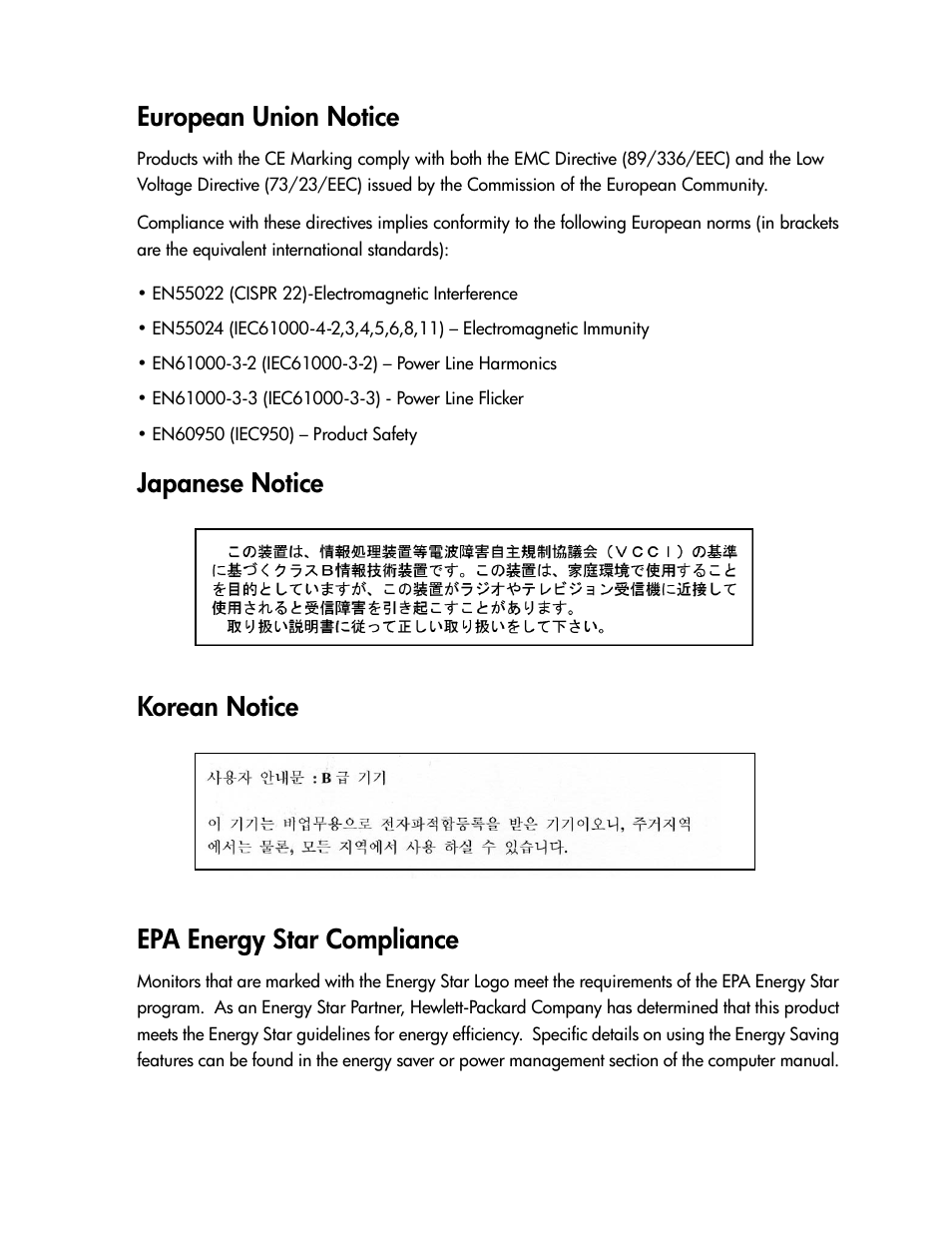 European union notice, Japanese notice, Korean notice epa energy star compliance | Compaq TFT 1501 User Manual | Page 35 / 38