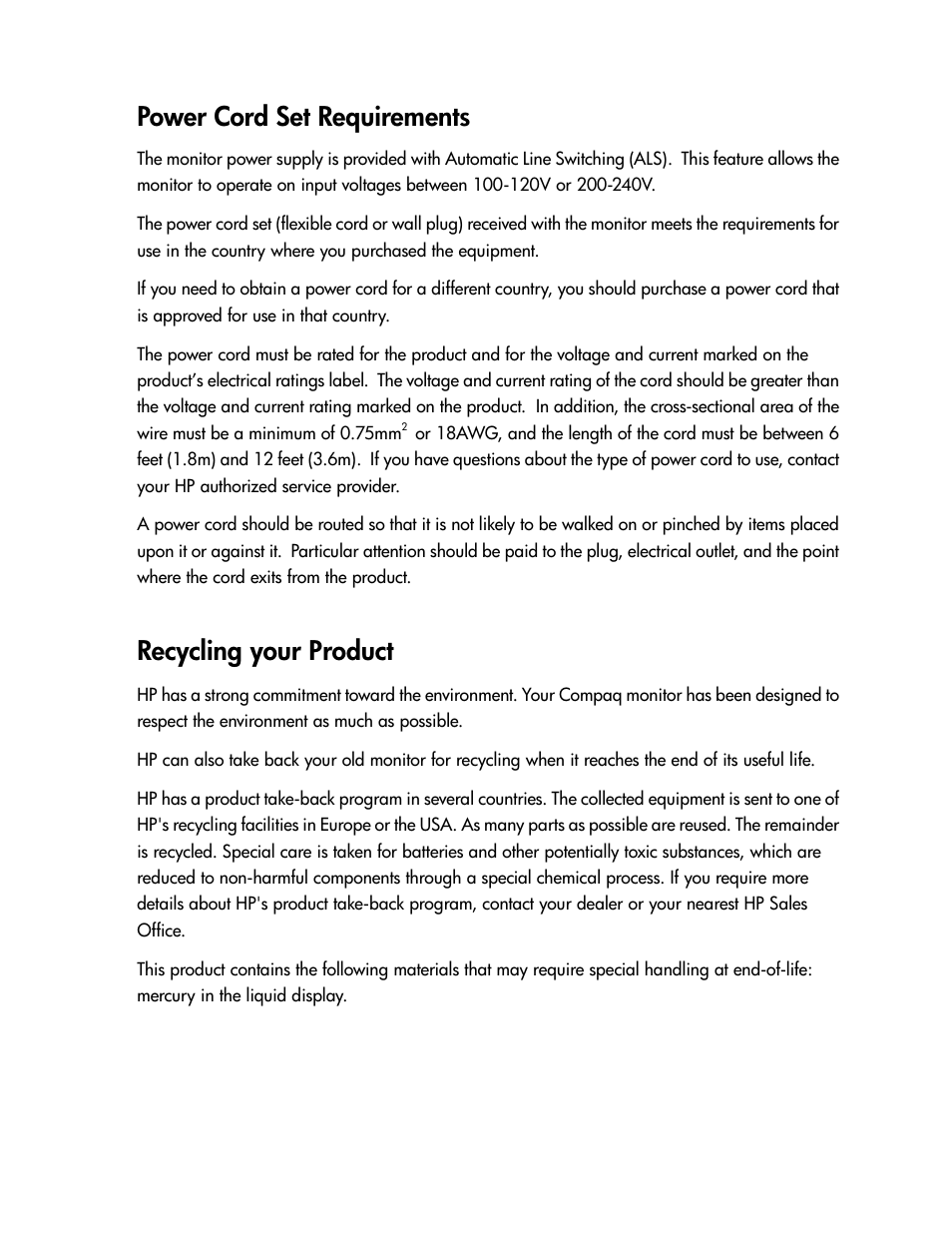 Power cord set requirements, Recycling your product | Compaq TFT 1501 User Manual | Page 36 / 38