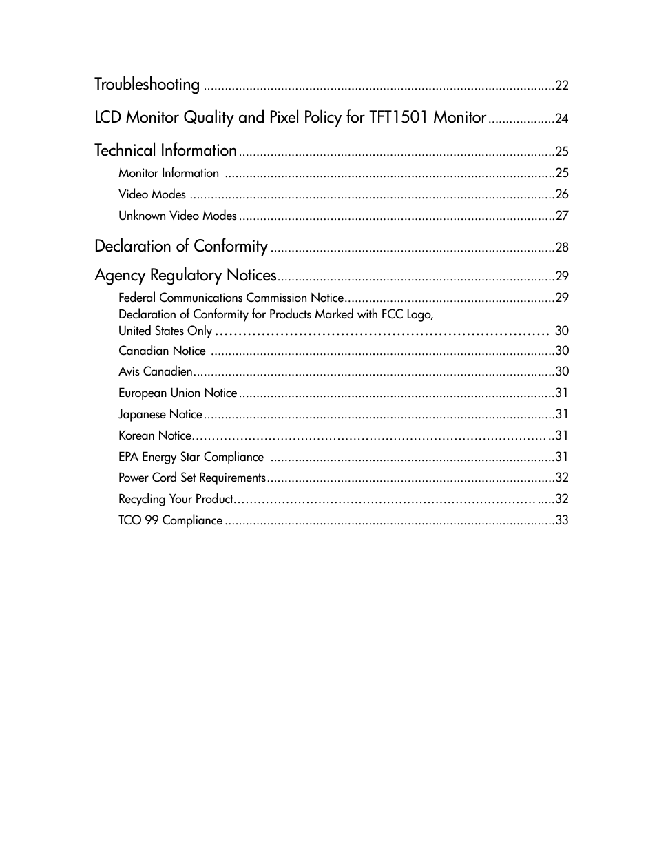 Troubleshooting, Technical information, Declaration of conformity | Agency regulatory notices | Compaq TFT 1501 User Manual | Page 4 / 38
