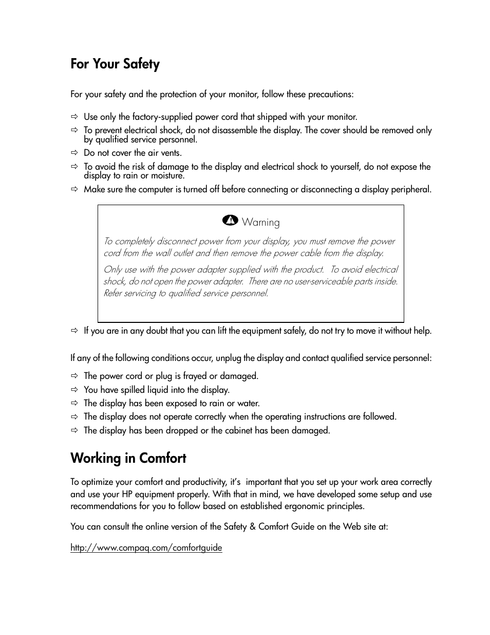 For your safety, Working in comfort | Compaq TFT 1501 User Manual | Page 6 / 38