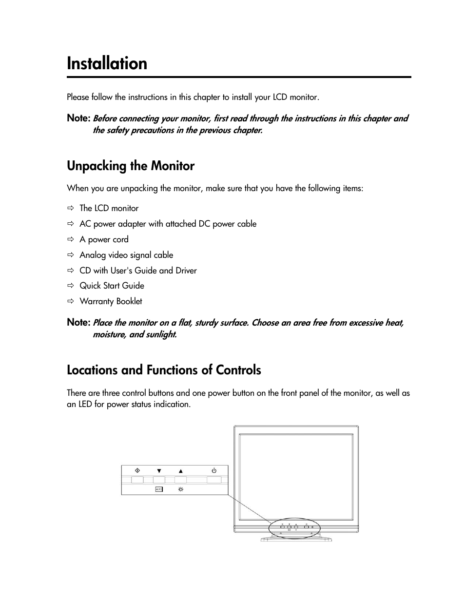 Installation, Unpacking the monitor, Locations and functions of controls | Compaq TFT 1501 User Manual | Page 7 / 38