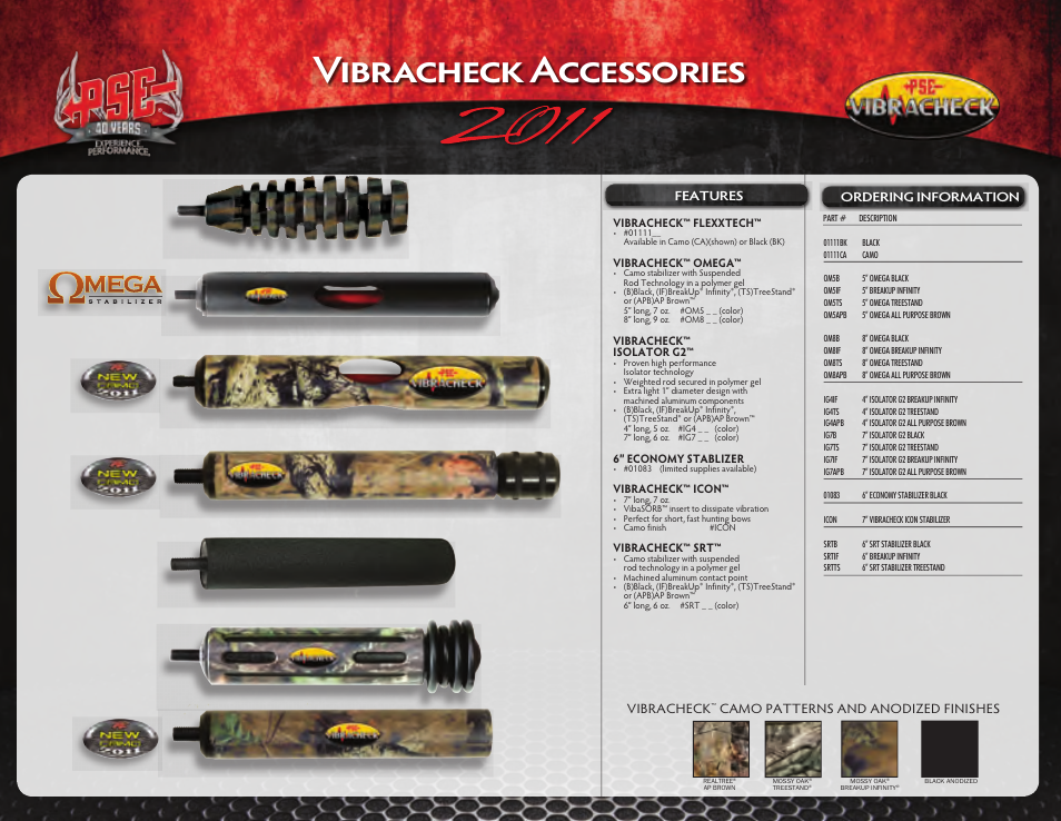 Vibracheck accessories, Vibracheck, Camo patterns and anodized finishes | PSE Archery Vibracheck 2011 User Manual | Page 2 / 4